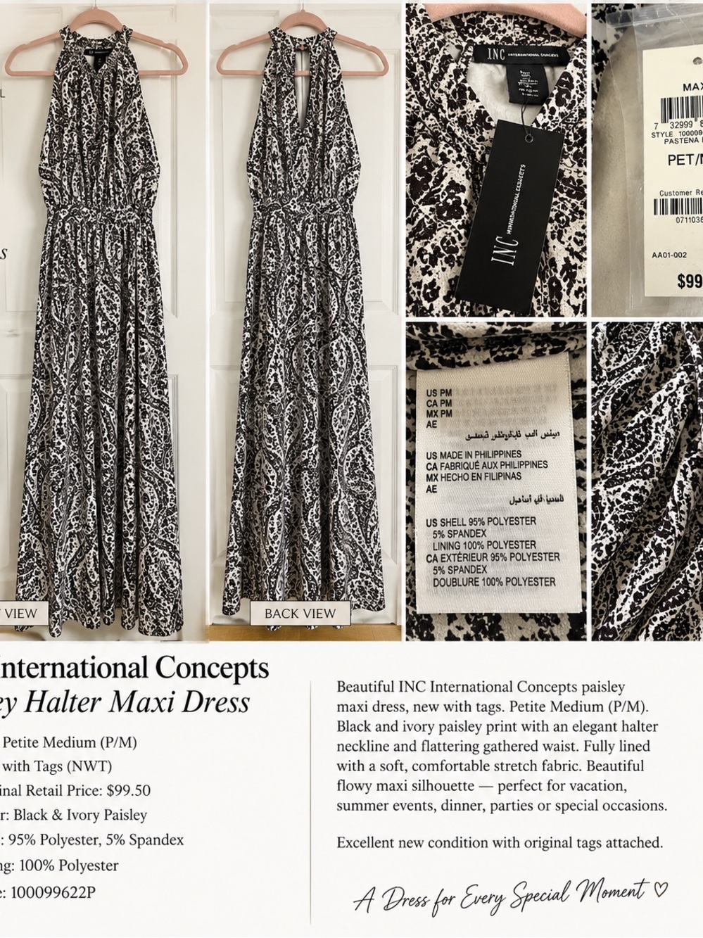 INC International Concepts Black & Ivory Paisley Halter Maxi Dress